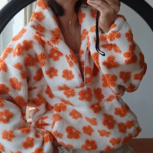 Bornladies New Autumn Winter Women's Sherpa Floral Pullover Hoodies Half Zip Style Loose Fit Warm Stylish Sweatshirt