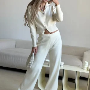 Bornladies Women's New Knit Zip Up Cardigan Wide Leg Pants Set Soft Fabric Cropped Elastic Waist Autumn Winter Fashion Sweater