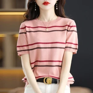 Women Tshirts Spring Summer 2025 Short Sleeve O-neck Knit Tops Stripe Korean Fashion Pullovers Bottoming Shirt casual knitwears